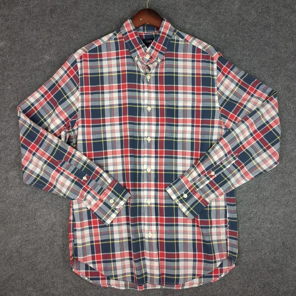 J Crew Mens Button Down Shirt‎ Plaid Long Sleeve Casual Red Blue Yellow Size M